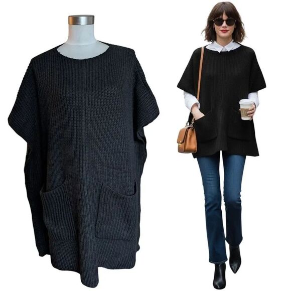 Wilfred Sweaters - Wilfred Aritzia Black 💯 Wool Oversized Poncho Vest Sweater One Size Pockets